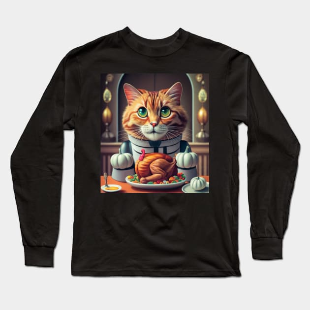 Thanksgiving robotic cat turkey dinner Long Sleeve T-Shirt by Catbrat